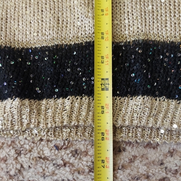 I.C.U. Women's Sequin Striped Pull Over Size L Open Knit Sweater Gold Black - Picture 3 of 14